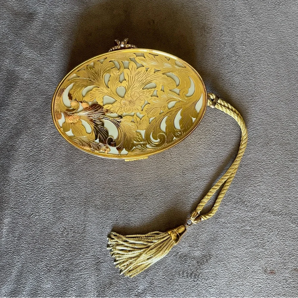 Vintage Italian Gold Metal Embossed Oval Evening Clutch with Tassel Wristlet